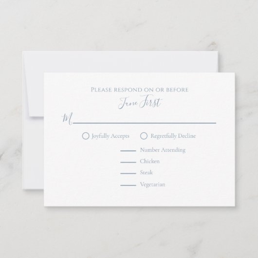 Elegante moderne eenvoudige stoffige blauwe filigr RSVP kaartje (Voorkant)