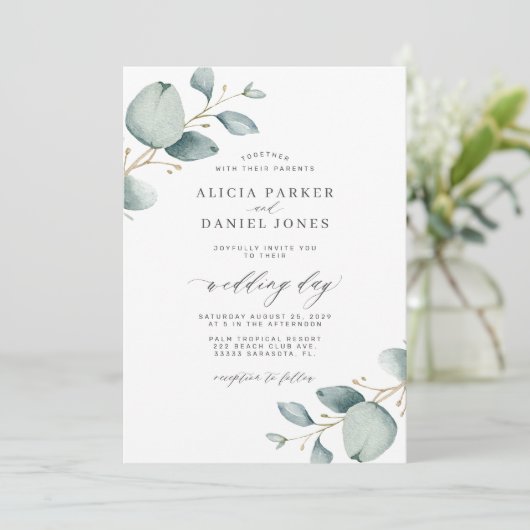 Elegante moderne eucalyptus groen bruiloft kaart (Staand voorkant)