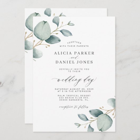 Elegante moderne eucalyptus groen bruiloft kaart (Voorkant / Achterkant)