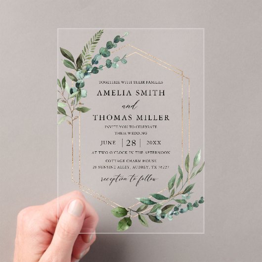 Elegante moderne eucalyptus groen gouden bruiloft acryl uitnodigingen (Insitu (Draagbaar))
