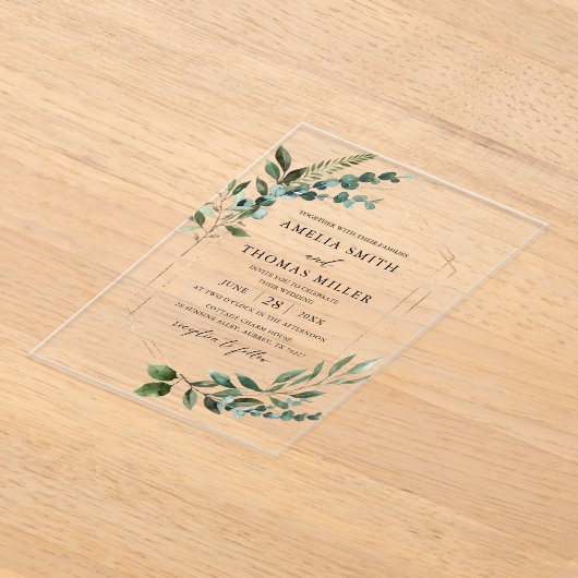 Elegante moderne eucalyptus groen gouden bruiloft acryl uitnodigingen (Laagn)