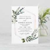 Elegante moderne eucalyptus groen gouden bruiloft kaart (Staand voorkant)