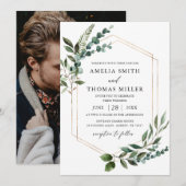 Elegante moderne eucalyptus groen gouden bruiloft kaart (Voorkant / Achterkant)