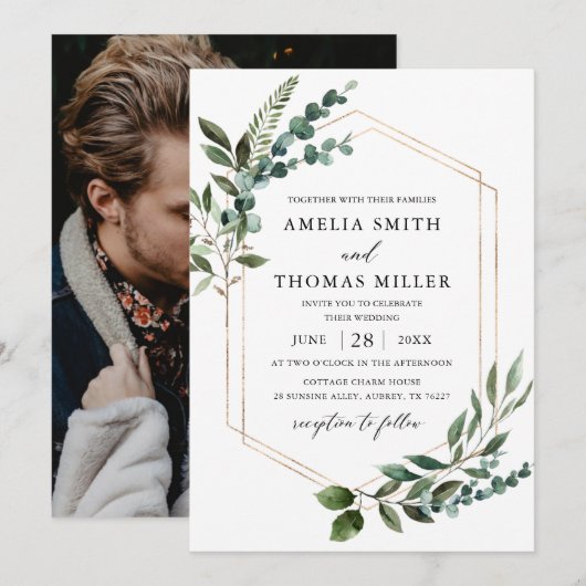 Elegante moderne eucalyptus groen gouden bruiloft kaart (Voorkant / Achterkant)