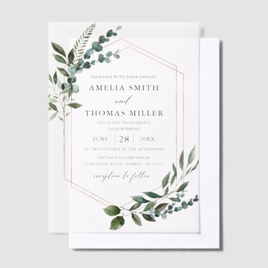 Elegante moderne eucalyptus groen gouden bruiloft vellum uitnodigingen (Offset)