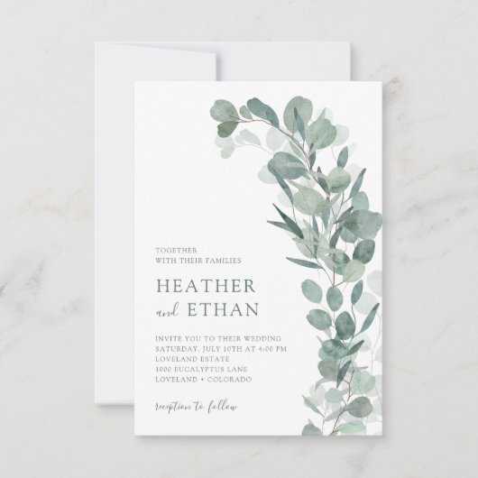 Elegante moderne eucalyptus groene huwelijk kaart (Voorkant)