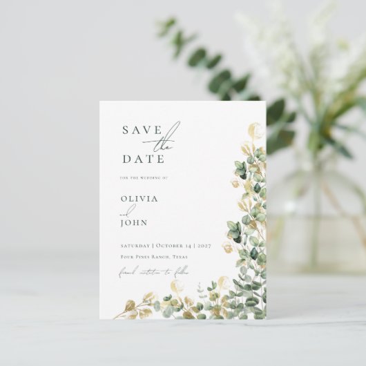 Elegante moderne eucalyptusbruiloft Save the Date Aankondigingskaart (Staand voorkant)