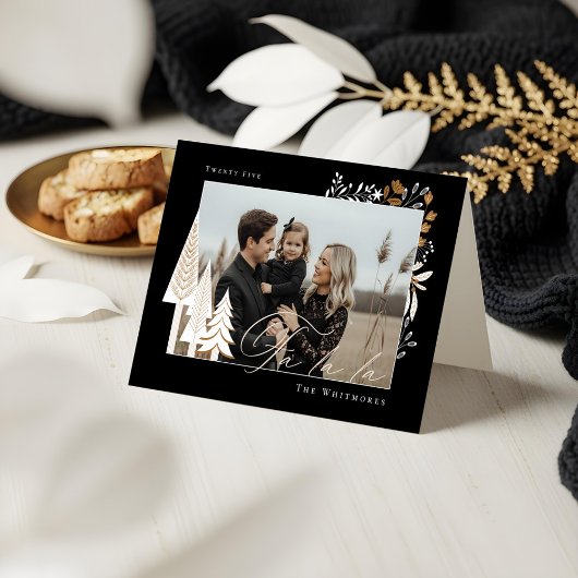 Elegante moderne Fa La Foto Evergreen Kerstmis Feestdagen Kaart