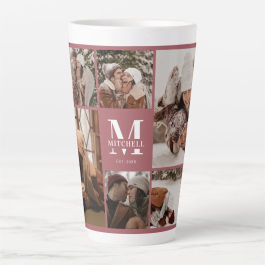 Elegante moderne familie fotocollage monogram latte mok (Voorkant)