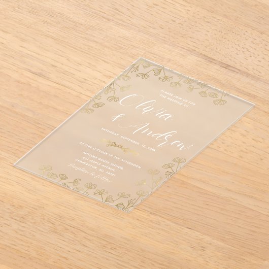 Elegante Moderne Faux Goud en Witte Bloemen Huweli Acryl Uitnodigingen (Laagn)