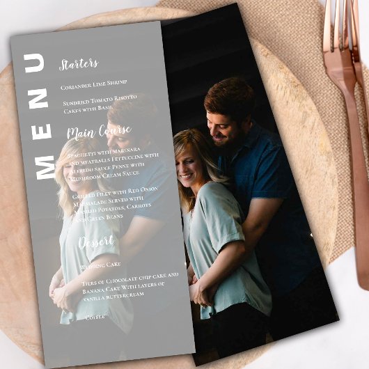 Elegante moderne Faux Vellum foto bruiloft Menu