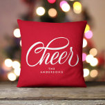 Elegante Moderne Festieve Rode Script Kerst Groet Kussen<br><div class="desc">Deze elegante en toch moderne kerst kussenhoes heeft een moderne kalligrafie tekst die "Cheer" (vrolijk) zegt en moderne typografie over een festieve rode achtergrond. Beide zijden van de kussen zijn identiek. Alle kleuren van dit ontwerp zijn aanpasbaar,  klik gewoon op "bewerk met behulp van ontwerp tool".</div>