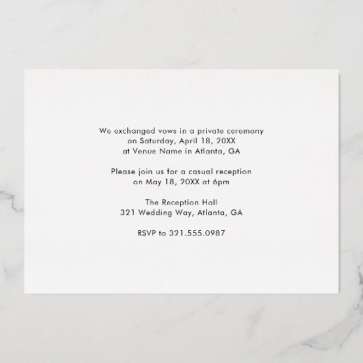 Elegante moderne foto bruiloftsreceptie folie uitnodiging (Achterkant)