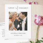 Elegante moderne foto dank u bruiloft briefkaart<br><div class="desc">Deze eenvoudig chique aangepaste foto bruiloft dank u briefkaart sjabloon heeft een elegant, minimalistisch, modern design. Op de voorkant staan je favoriete foto, voornamen en een 'LOVE and BEDANKT'-boodschap, overgebracht met een opvallende mix van twee verschillende lettertypen, met 'en' in een licht, vloeiend script tussen de rest van de andere...</div>