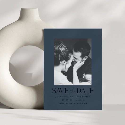 Elegante Moderne Foto Marine Blauwe Winter Huwelij Save The Date