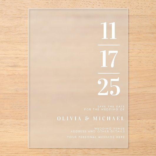 Elegante moderne Frosted Wedding Acryl Uitnodigingen (Voorkant)