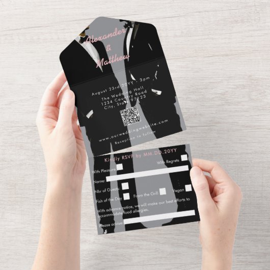 Elegante moderne gay Mannen bruiloft All In One Uitnodiging (Afscheurbaar)