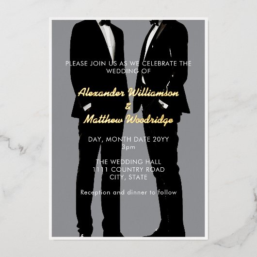 Elegante moderne gay Mannen bruiloft Folie Uitnodiging (Voorkant)