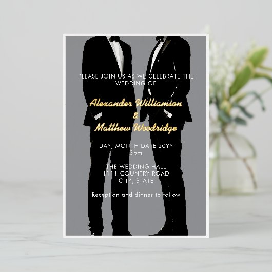 Elegante moderne gay Mannen bruiloft Folie Uitnodiging (Staand Voorkant)