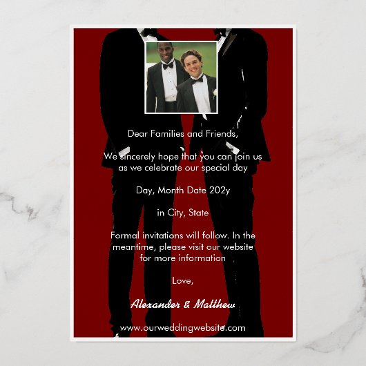 Elegante moderne gay Mannen bruiloft goud Folie Uitnodiging (Achterkant)