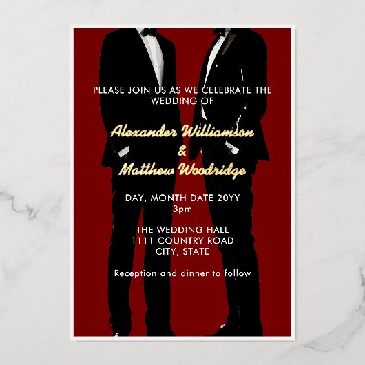 Elegante moderne gay Mannen bruiloft goud Folie Uitnodiging (Voorkant)