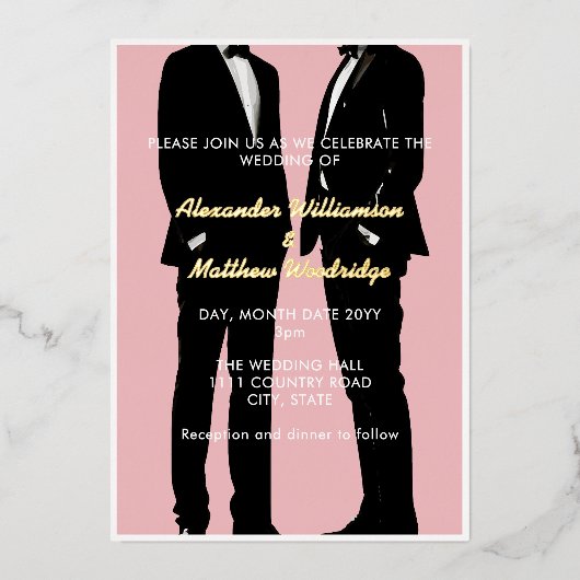 Elegante moderne gay Mannen bruiloft goud Folie Uitnodiging (Voorkant)