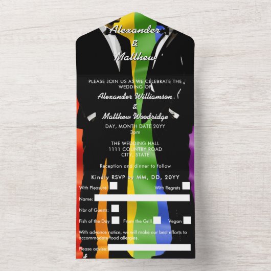 Elegante moderne gay Mannen bruiloft regenboog All In One Uitnodiging (Binnen)