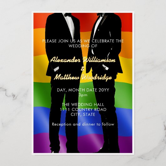 Elegante moderne gay Mannen bruiloft regenboog gou Folie Uitnodiging (Voorkant)