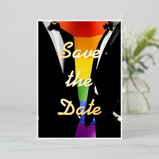 Elegante moderne gay Mannen bruiloft regenboog gou Folie Uitnodiging (Staand Voorkant)