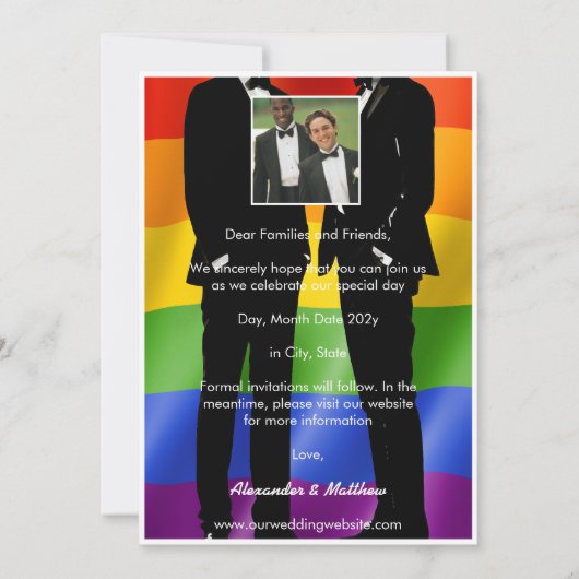 Elegante Moderne Gay Mannen Trouwfoto Rainbow Save The Date (Achterkant)