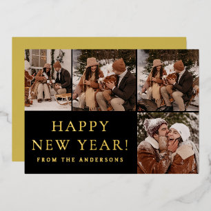 Elegante moderne gelukkig nieuwjaar familie 4 foto folie feestdagenkaart