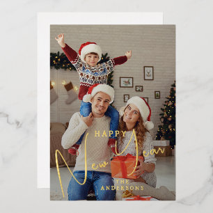Elegante moderne gelukkig nieuwjaar familiefoto folie feestdagenkaart