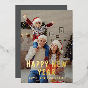 Elegante moderne gelukkig nieuwjaar familiefoto folie feestdagenkaart