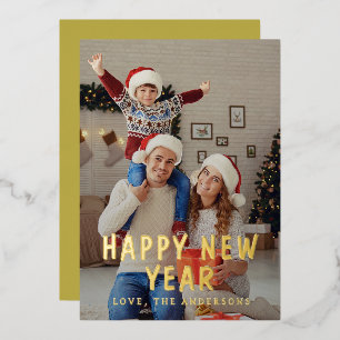 Elegante moderne gelukkig nieuwjaar familiefoto folie feestdagenkaart