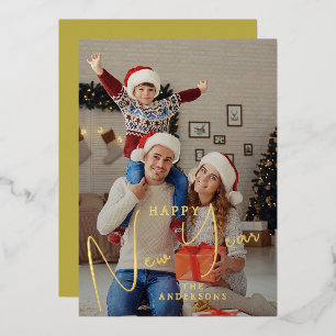 Elegante moderne gelukkig nieuwjaar familiefoto folie feestdagenkaart