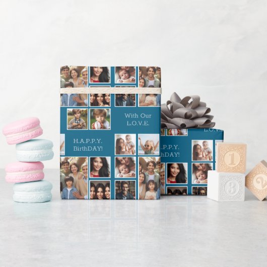 Elegante, moderne gepersonaliseerde 9-foto verjaar cadeaupapier (Baby Shower)