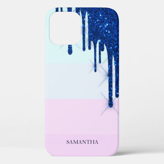 Elegante Moderne Gestreepte, Blauwe Glitter Druppe Case-Mate iPhone Case (Achterkant)