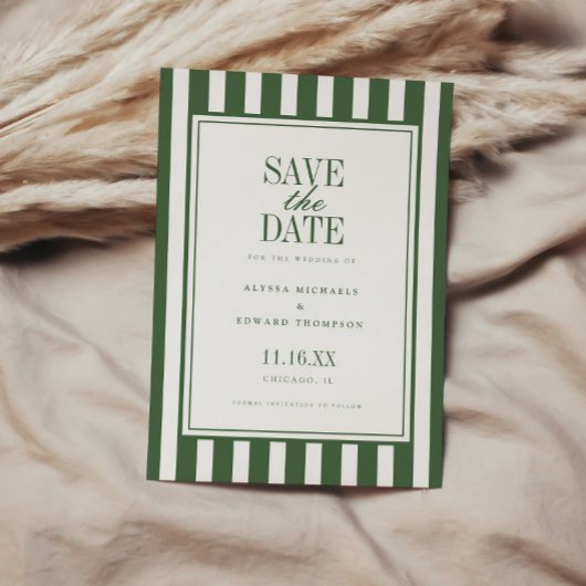 Elegante moderne gestreepte olijfgroene bruiloft save the date