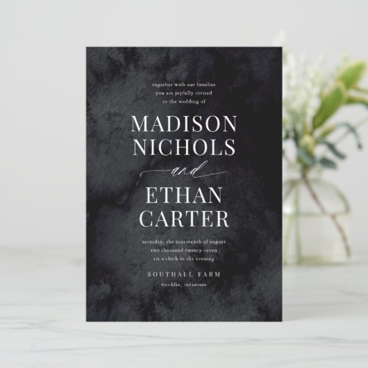 Elegante moderne glamour zwarte goth-huwelijk kaart (Staand voorkant)