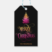 Elegante moderne glitter dennenboom vrolijk kerstf cadeaulabel (Voorkant)