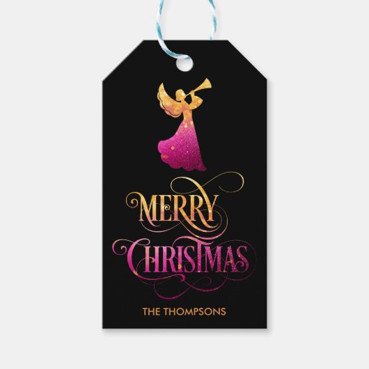 Elegante moderne glitter engel vrolijke kerst cadeaulabel (Voorkant)