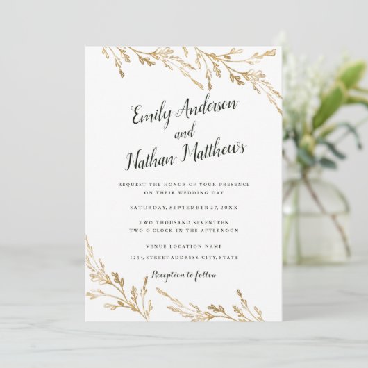 Elegante moderne Gold Leaf bruiloft Kaart (Staand voorkant)