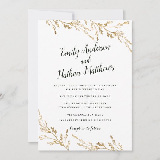 Elegante Moderne Gouden Blad Bruiloft Kaart (Voorkant)