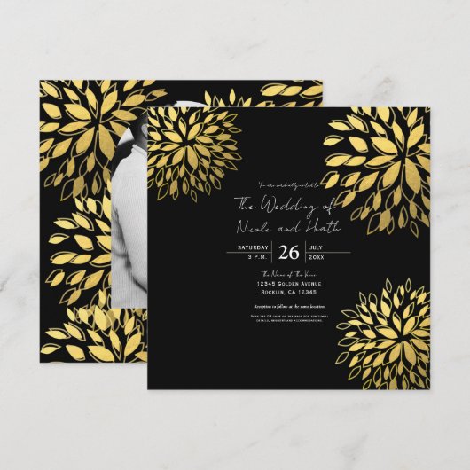 Elegante moderne gouden bloem zwarte bruiloft kaart (Voorkant / Achterkant)