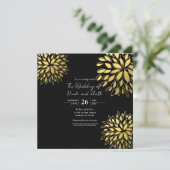 Elegante moderne gouden bloem zwarte bruiloft kaart (Staand voorkant)