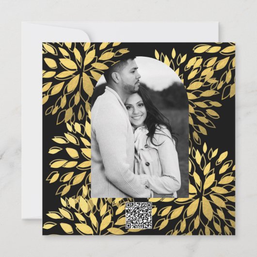 Elegante moderne gouden bloem zwarte bruiloft kaart (Achterkant)