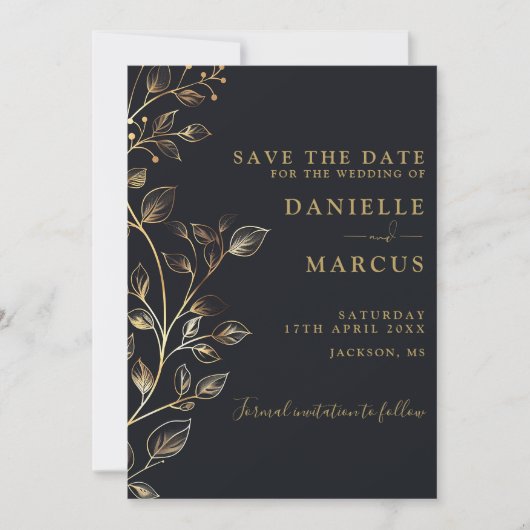 Elegante moderne gouden bloemen bruiloft save the date (Voorkant)