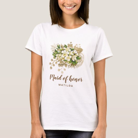 Elegante moderne gouden bloemenmeid van eer t-shirt (Voorkant)