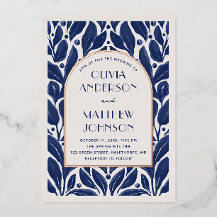 Elegante moderne gouden boog. Marine blauwe bloeme Folie Uitnodiging