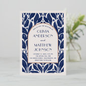 Elegante moderne gouden boog. Marine blauwe bloeme Folie Uitnodiging (Staand Voorkant)